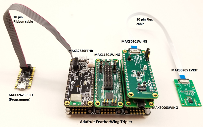 Figure 2. Overview of connections with three FeatherWings and temperature sensor.