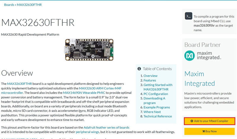 Figure 3. The MAX32630FTHR mbed landing page.