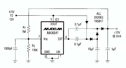 Figure 1. Substituting the diode-capacitor network shown for an inductor allows this switching-regulator IC to deliver 2mA at comparable line and load regulation, with somewhat reduced efficiency.