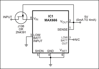 Figure 1. Adding a JFET in cascode with a linear-regulator IC extends the allowable input voltage to 25V or 40V, depending on the JFET device used.
