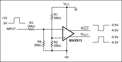 Figure 2. Operating on a negative supply, this circuit accepts positive input pulses and produces complementary bipolar outputs.