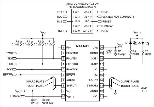 Figure 1. JTAG interface connections between a MAX1441 application circuit and the MAXQUSBJTAG-KIT board.