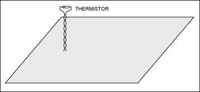Figure 1(a). Thermistor monitoring air temperature. Note that the long thermistor leads provide thermal isolation from the board's surface. The thermistor temperature can be converted to digital form using such ICs as the MAX6697 or the MAX6691.