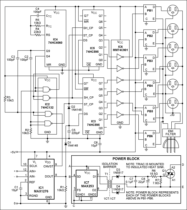 Figure 1. Driven by a 0-to-2.048V music signal applied at IC1 pins 12 and 1, this circuit activates the six AC outlets according to the music amplitude, in a logarithmic thermometer-code format.