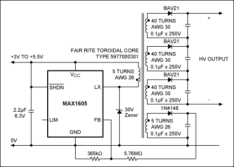 Figure 1. Obtaining feedback from a low-voltage secondary winding, this high-voltage supply generates 500V with low quiescent current.