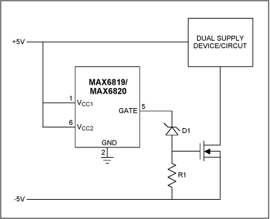 Figure 1. Single-supply, positive/negative voltage sequencer.