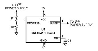 Figure 3. Sequence two power supplies with a delay set by C1.