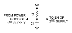 Figure 4. This is the simplest way to sequence two power supplies. R1 and C1 set the sequence delay.