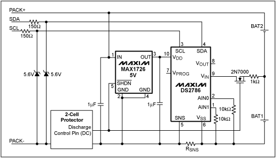 Figure 1. A circuit for using the DS2786 in a 2-cell lithium-ion/polymer pack.