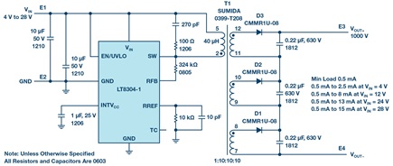 Figure 1. A complete 1000 V/15 mA isolated flyback converter from a 4 V to 28 V input.