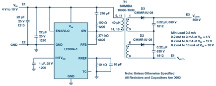 Figure 4. A complete 800 V/10 mA isolated flyback converter from a 4 V to 18 V input.