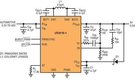 2.7V to 40V Monolithic Buck-Boost DC/DC Expands Input Capabilities, Regulates Seamlessly through Automotive Cold-Crank and Load-Dump Transients