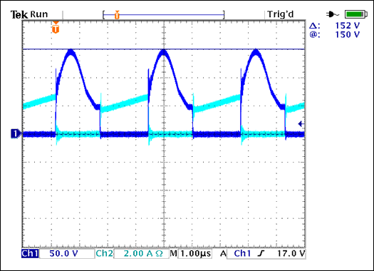 Figure 5. VDS and ID in Q7 at 50W output and 48VDC input.