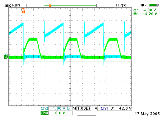 Figure 6. Current in Q7 and VGS on Q5 at full load and 48VDC input.