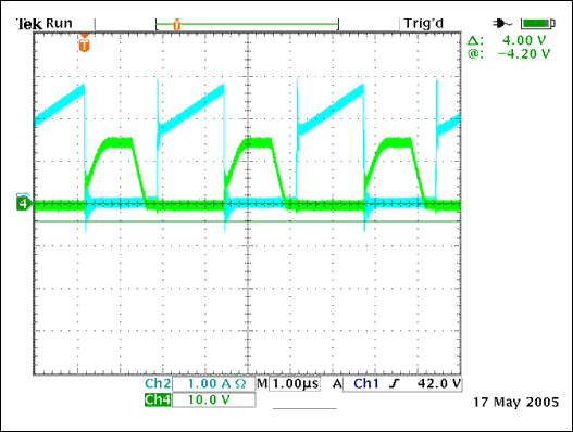 Figure 8. Current in Q7 and VGS on Q5 at full load and 48VDC input.