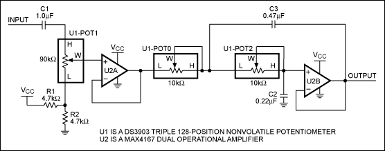 Figure 1. Audio range lowpass filter using a DS3903.