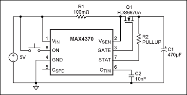 Figure 3a. An IC-based hot-swap circuit using the MAX4370 offers better accuracy and uses few components.