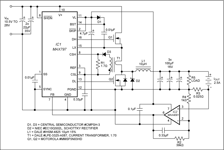 Figure 1. Modified feedback paths transform this switchmode power-supply circuit for notebook computers into a high-efficiency battery charger.