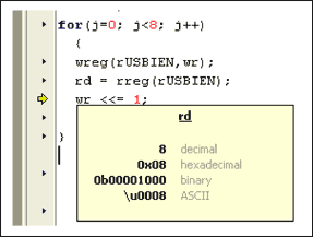 Figure 10. Single-stepping and inspecting a variable's value using Rowley CrossStudio for the MAXQ2000 microcontroller. Place the cursor over 'rd' and its value pops up.