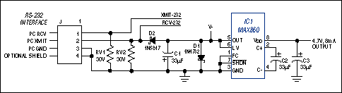 Figure 14. Operating in a voltage-doubler mode, this charge pump converts a negative input voltage (from the TX line of an RS-232 port) to a semi-regulated 5V output at 8mA.
