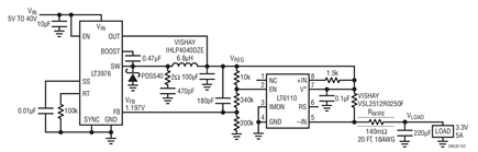 Figure 2. Example of a High Current Remote Load Regulation: A 3.3V, 5A Buck Regulator with LT6110 Cable/Wire Voltage Drop Compensation