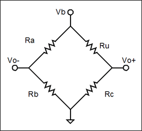 Figure 9. Illustration of a Wheatstone bridge which is comprised of two voltage-dividers powered from the same voltage source.