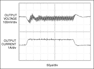 Figure 7. The transient response for the Figure 1's circuit: IOUT at 1A/div (lower trace), and VOUT at 100mV/div (upper trace).