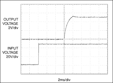 Figure 8. These startup waveforms appear in the Figure 1's circuit with an optimally compensated loop. The circuit has 48V input voltage at 20V/div (lower trace), and 5V output voltage with 1A load at 2V/div (upper trace).