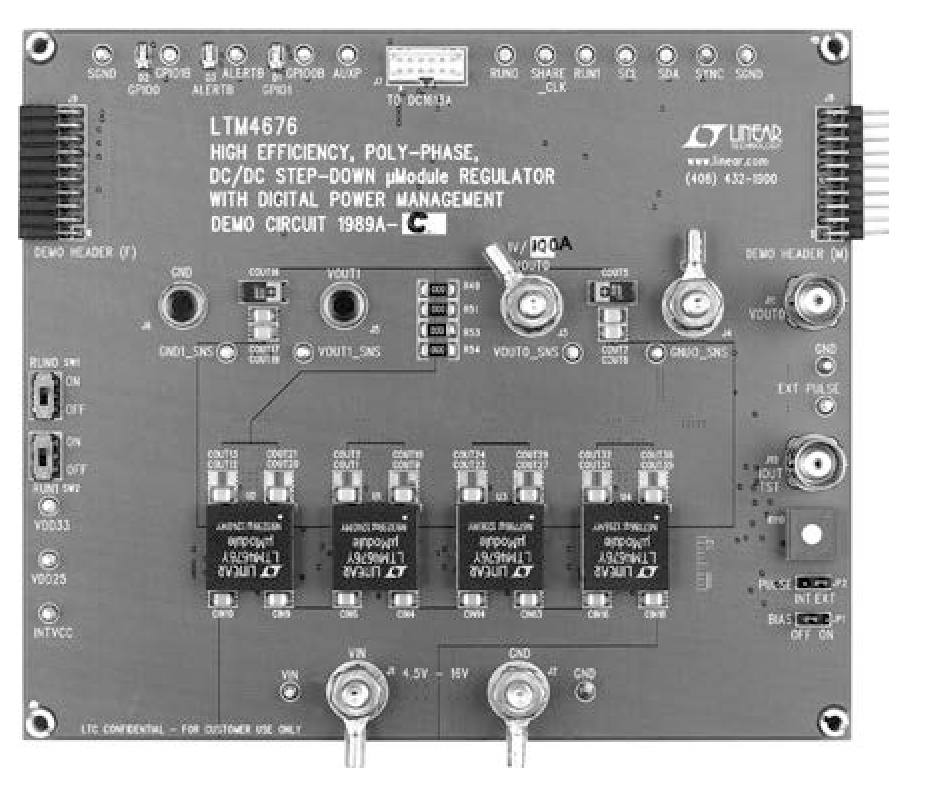 Four LTM4676, Each in a 16mm × 16mm × 5.01mm LGA Package Deliver 100A at 1VOUT.