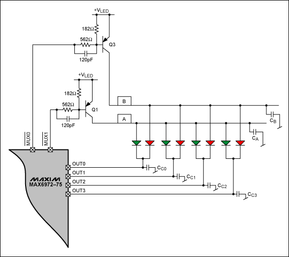 Figure 1. Typical multiplexing circuit with red LEDs driven by MUX0-bar and green LEDs driven by MUX1-bar.