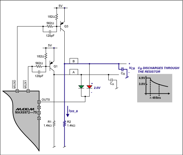 Figure 7. Parasitic capacitance CB is discharged through R2 during the interphase null time tEMUX without disturbing the calibrated constant drive through the LEDs.
