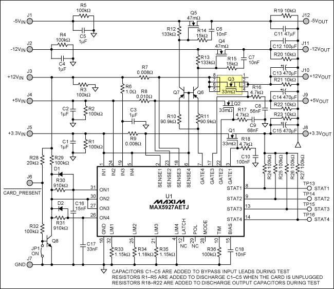Figure 1. This five-channel hot-swap circuit controls three positive-voltage and two negative-voltage channels