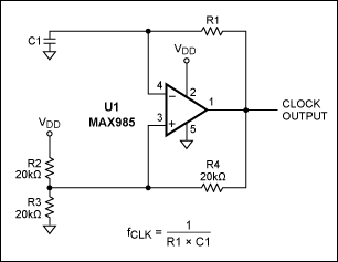 Figure 5. Analog-comparator oscillators produce an arbitrary output frequency of fOUT = 1/(R1 × C1).