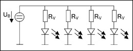 Operation of several red, yellow, or green LEDs in parallel, with very little color difference or variation in brightness