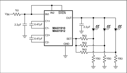 Diagram showing IC combines a charge pump with current control