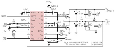 High efficiency 10A LTC3717 V<sub loading="lazy">TT</sub> supply from 5V–24V input