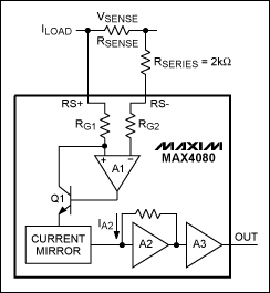 Figure 2. The MAX4080 configured to use an external 2kΩ resistor in series with RS-.