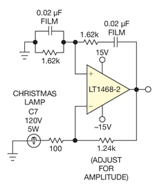 Figure 1 This Meacham-lightbulbstabilized, low-distortion, low-noise 5-kHz Wien-bridge sinusoidal oscillator’s RC feedback network attenuates by a factor of 3 at its midband. The bulb’s self-heating forces a gain of 3 in the op amp.
