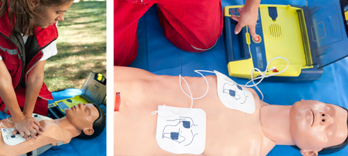 Figure 2. Chest compression CPR (left) circulates blood to deliver oxygen to the brain and other vital organs until the heart can be restarted by the AED (right).