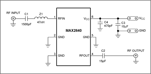 Figure 1. The MAX2640 EV kit schematic for the European ISM band.