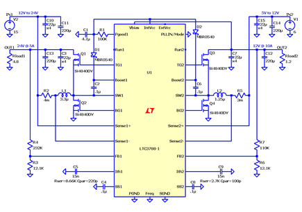 Figure 1. LTC3788-1 - High Efficiency Dual Boost Regulator with Independent Inputs.