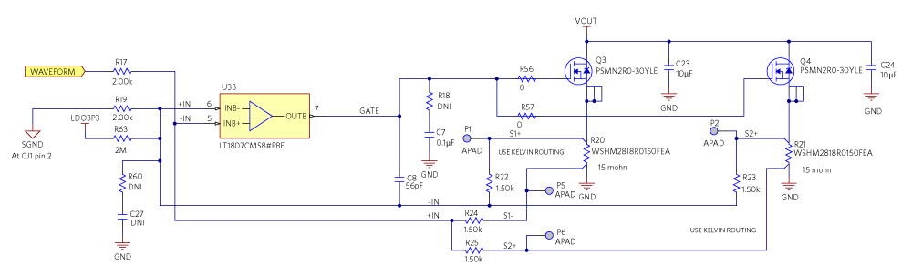Figure 2. One amplifier driving two MOSFETs in parallel.