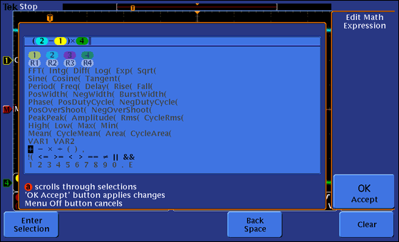 Figure 2. This menu lets you edit math expressions in the advanced math function of a DPO3034 digital oscilloscope.