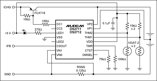 Figure 3. In this standard application circuit, a DS2711 battery-charger IC charges two NiMH rechargeable batteries in series.