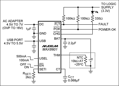 Figure 5. Standard application circuit for the MAX8601 stand-alone charger for Li-Ion batteries.