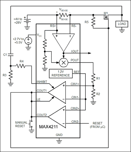 Figure 5. This solid-state, power-sensing circuit breaker shuts off current to the load in response to an overpower fault. Pressing the manual reset button or applying a logic-high to CIN2- resets the circuit breaker. The comparator INHIBIT input prevents false overpower alarms by temporarily suspending itself when a voltage transient occurs. 