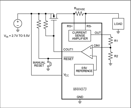 Figure 2a. When the IC detects an overload fault, its short-circuit protection circuit turns off the p-channel MOSFET and disconnects the load.