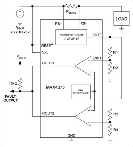 Figure 2b. A current-window circuit (comprising R1-R4, the comparators, and reference) detects open- and short-circuit faults.