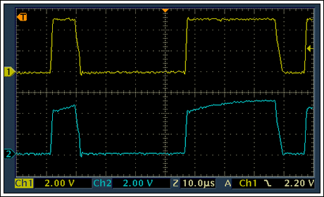 Figure 10. C1 installed. Communication waveforms, adapter (top), protected slave (bottom).