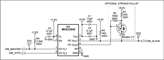 Figure 1. Schematic of 1-Wire bidirectional voltage level translation from 1.8V to 5V. Note that the pins I/O VL and I/O VCC have a typical 10kΩ internal pullup. The BOM (bill of materials) for this reference design is given in Table 1